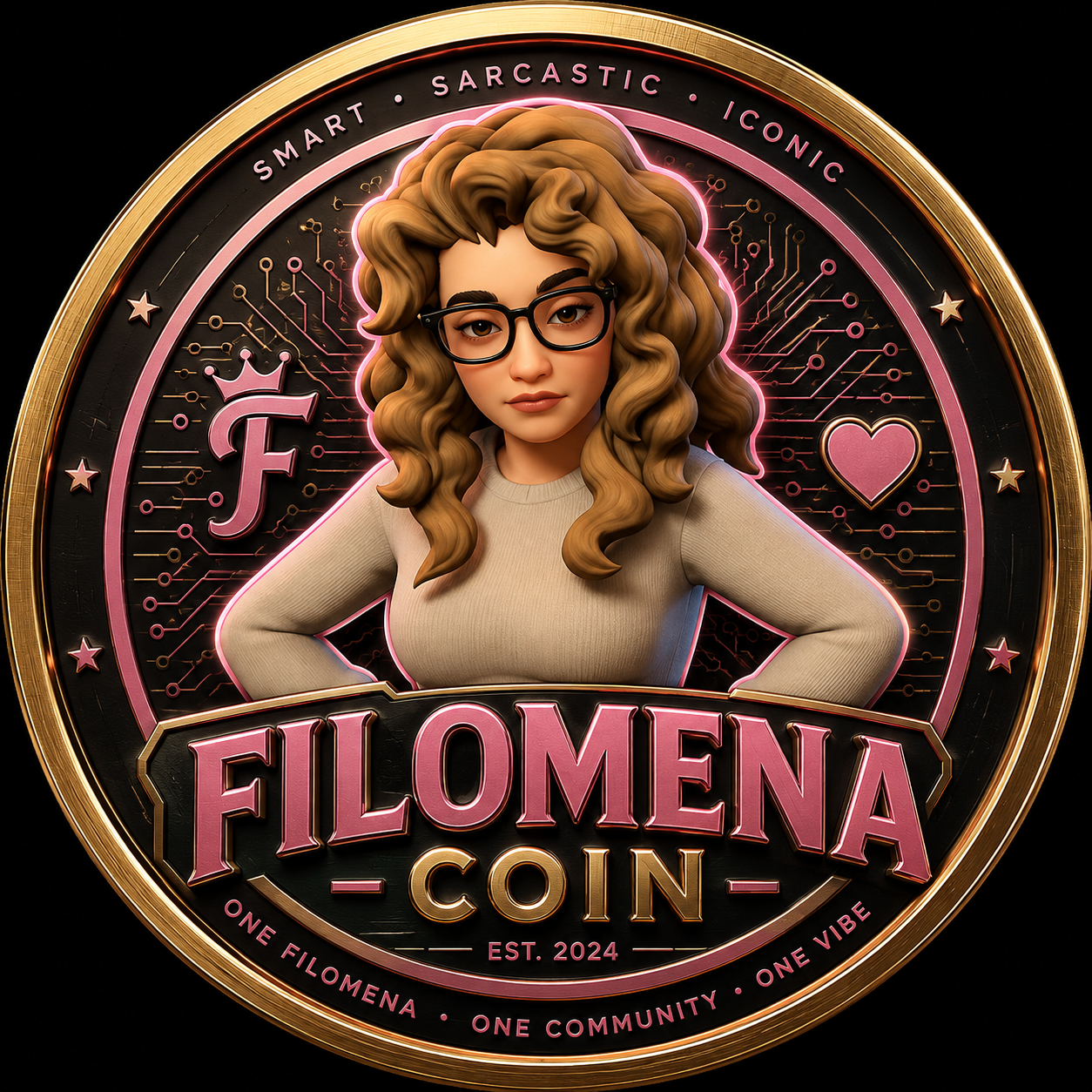 Filomena Coin, a pink and gold coin featuring the Filomena character
